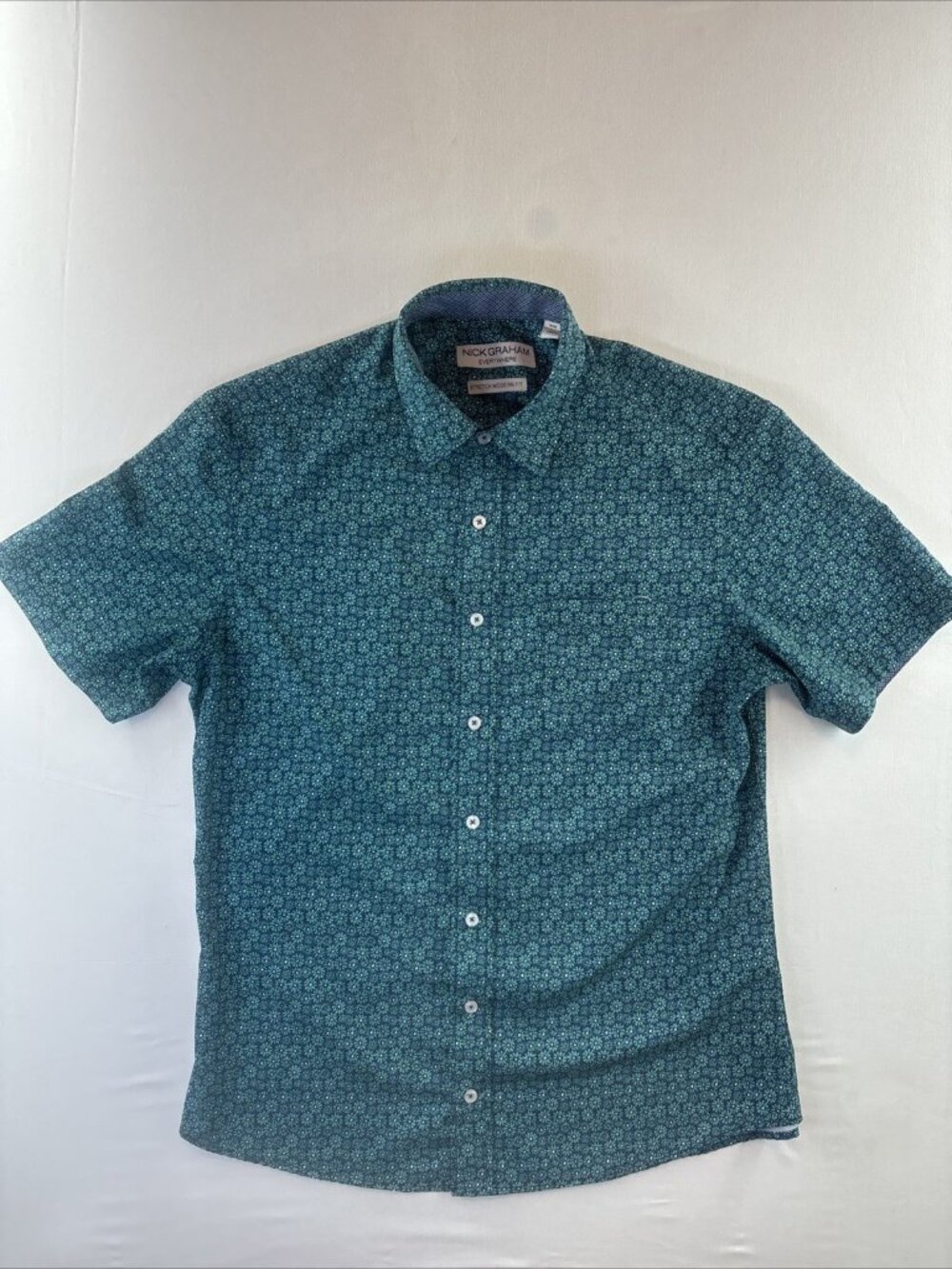Nick Graham Shirt Men Medium Blue Floral Everywhere Stretch Modern Short Sleeve